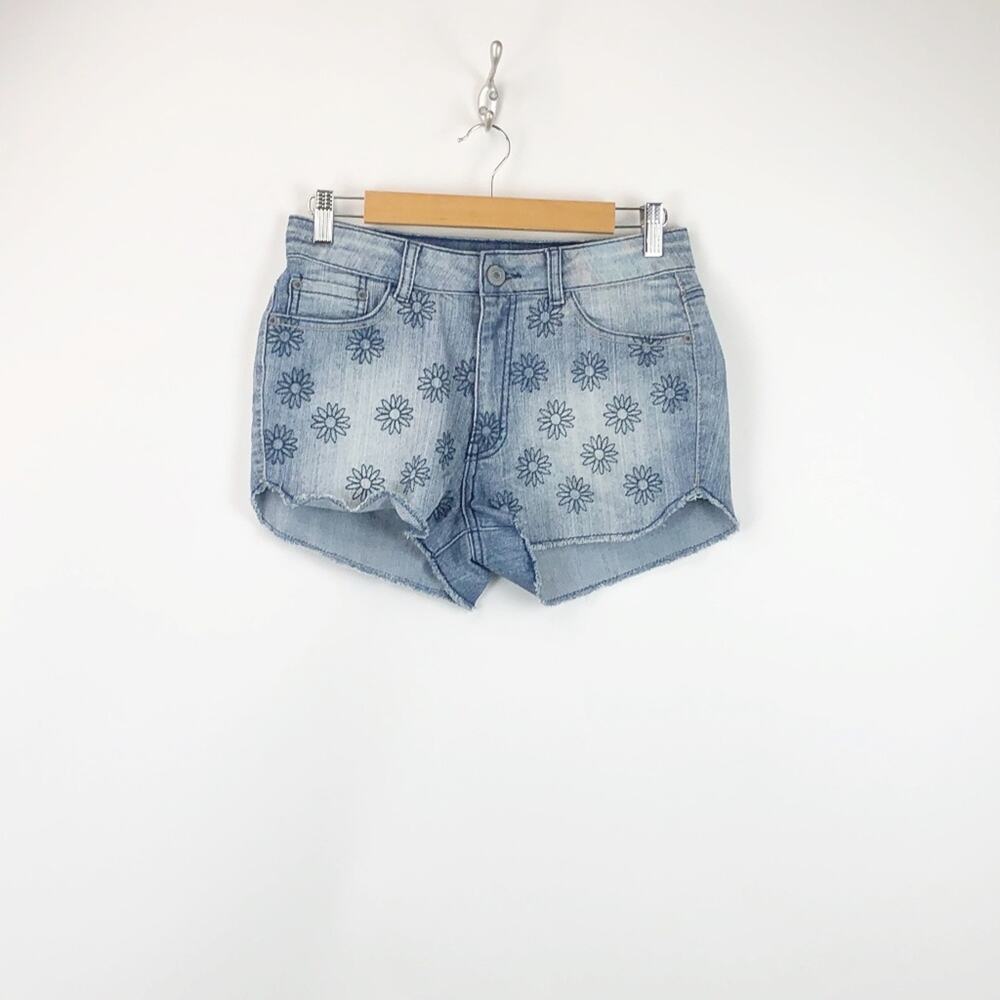 Mossimo 8/9 Womens Floral Print Raw Edge High Rise Denim Shorts